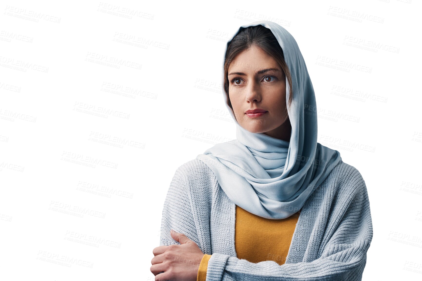 Buy stock photo Muslim, woman and thinking with hijab or confidence for eid with casual fashion, trendy outfit or contemplating idea. Islamic person, face or serious with relax isolated on png transparent background