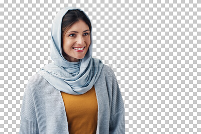 Buy stock photo Style, hijab and portrait of young muslim woman with casual, trendy and modern outfit. Happy, head scarf and islamic person with traditional religion fashion isolated by transparent png background.