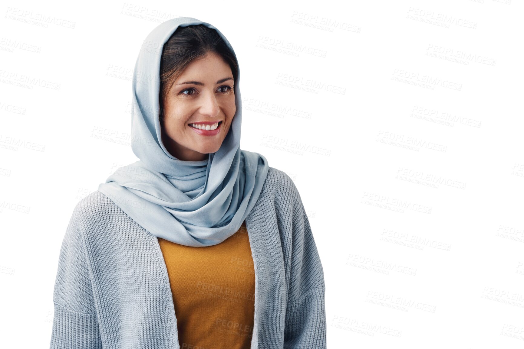 Buy stock photo Style, hijab and portrait of young muslim woman with casual, trendy and modern outfit. Happy, head scarf and islamic person with traditional religion fashion isolated by transparent png background.