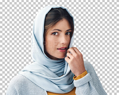 Buy stock photo Islamic, woman and portrait with hijab or confidence for eid with casual fashion, trendy outfit and calm expression. Muslim person, face and serious with relax isolated on png transparent background