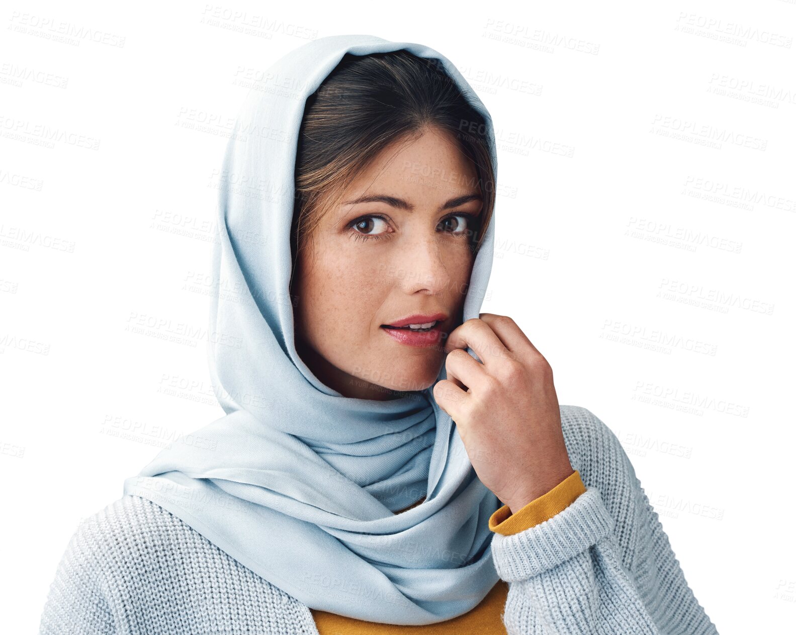 Buy stock photo Islamic, woman and portrait with hijab or confidence for eid with casual fashion, trendy outfit and calm expression. Muslim person, face and serious with relax isolated on png transparent background