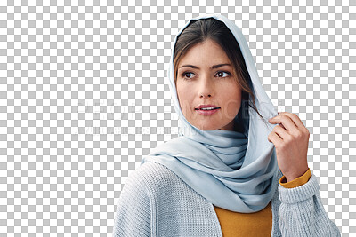 Buy stock photo Islamic, woman and thinking with hijab or confidence for eid with casual fashion, trendy outfit or contemplating idea. Muslim person, face or serious with relax isolated on png transparent background