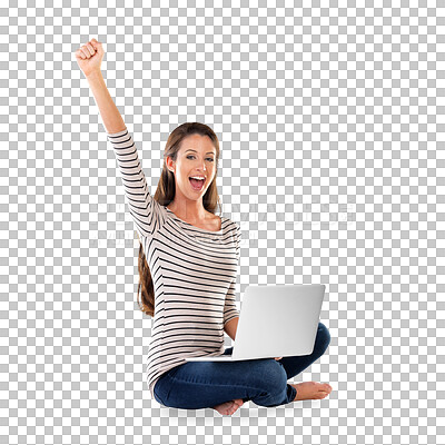 Buy stock photo Woman, laptop and celebration in portrait for deal, winner and lottery success or giveaway. Female person, fist and online achievement or promotion, sale and isolated on transparent png background