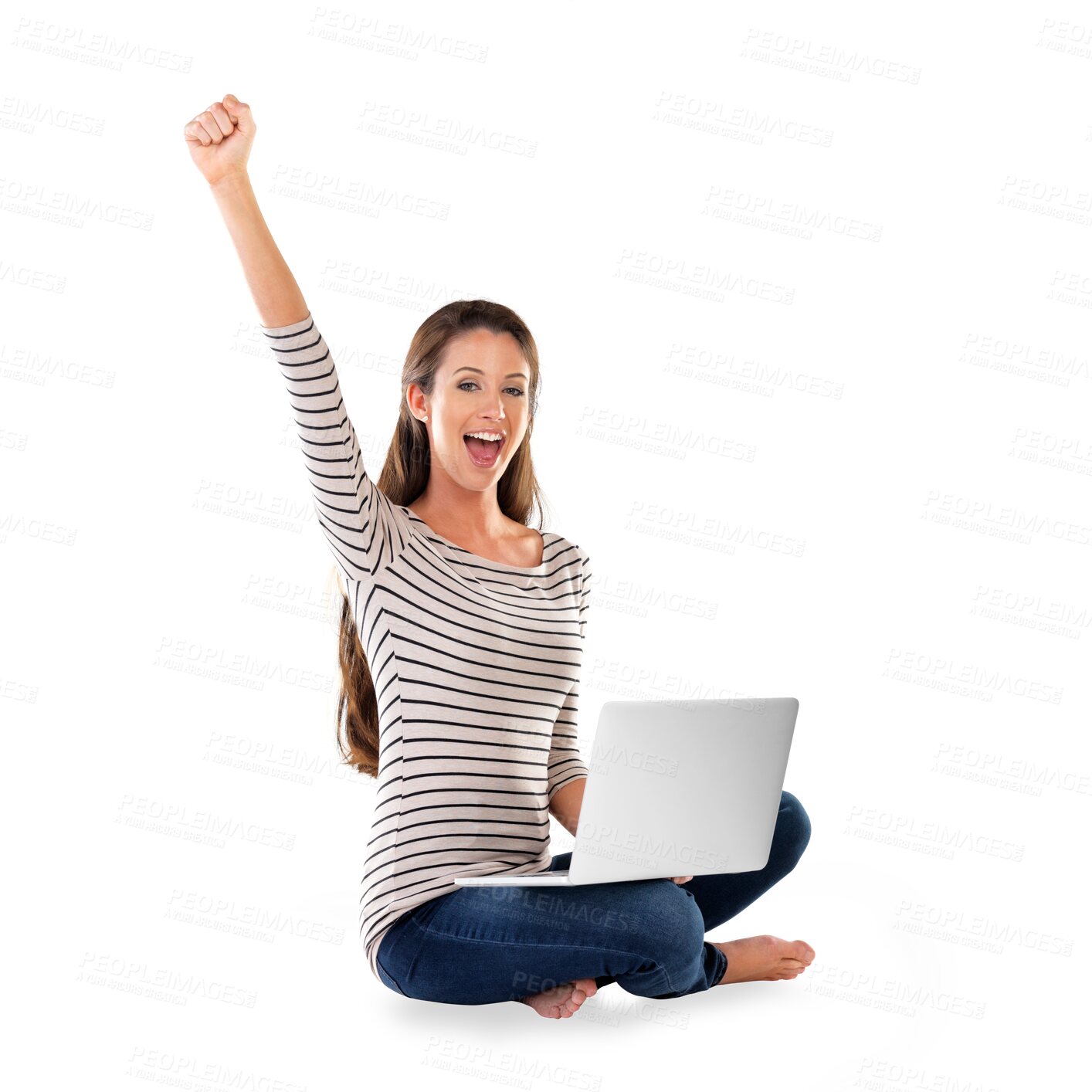 Buy stock photo Woman, laptop and celebration in portrait for deal, winner and lottery success or giveaway. Female person, fist and online achievement or promotion, sale and isolated on transparent png background