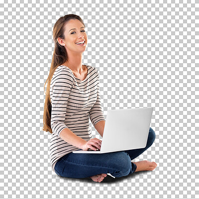 Buy stock photo Woman, laptop and internet for planning in portrait, website and online for social media. Female person, news and networking or happy for notification, info and isolated on transparent png background