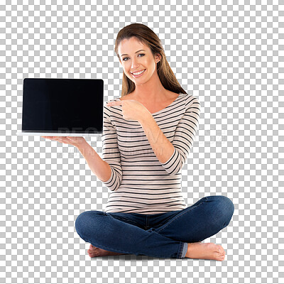 Buy stock photo Portrait, pointing and woman with a laptop, screen and person isolated on a transparent background. Model, png and girl with computer and hand gesture with mockup space or email with tech and student