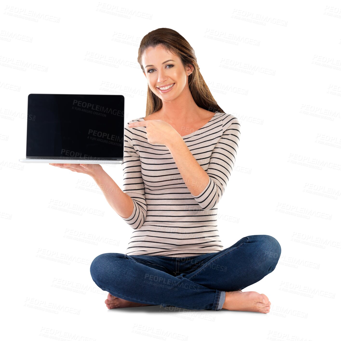 Buy stock photo Portrait, pointing and woman with a laptop, screen and person isolated on a transparent background. Model, png and girl with computer and hand gesture with mockup space or email with tech and student