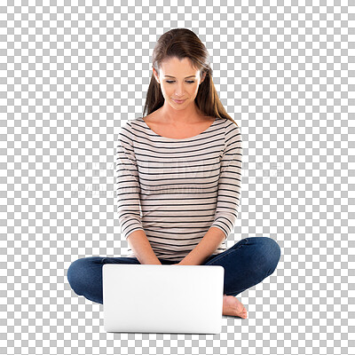 Buy stock photo Woman, laptop and internet for research or information, website and online for social media. Female person, news and networking or typing an email, blogging and isolated on transparent png background