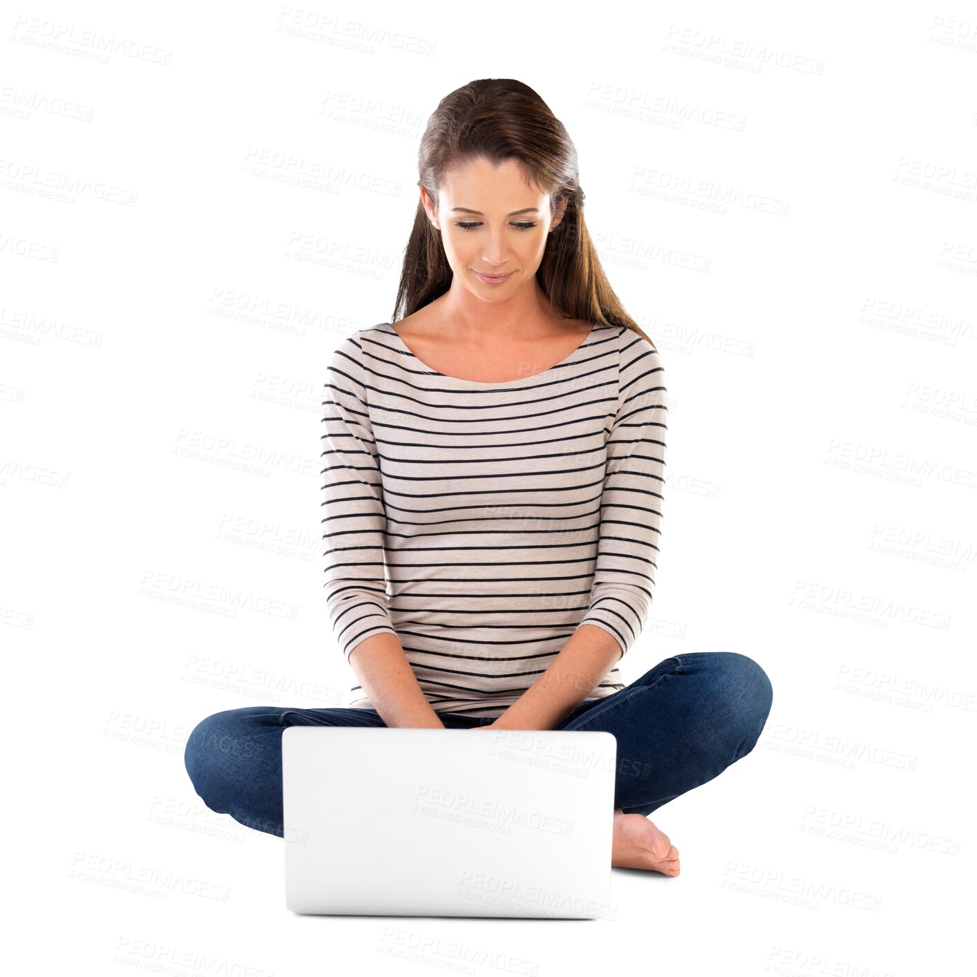 Buy stock photo Woman, laptop and internet for research or information, website and online for social media. Female person, news and networking or typing an email, blogging and isolated on transparent png background