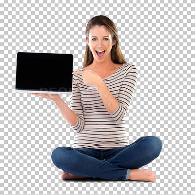 Buy stock photo Portrait, pointing and woman with a laptop, excited and person isolated on transparent background. Student, png and girl with computer or hand gesture with expression or email with tech or university