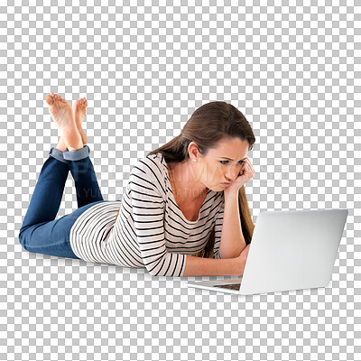 Buy stock photo Remote work, laptop or woman on a floor reading, email or research on isolated, transparent or png background. Pc, thinking or lady freelancer online for elearning, project or upskill training course