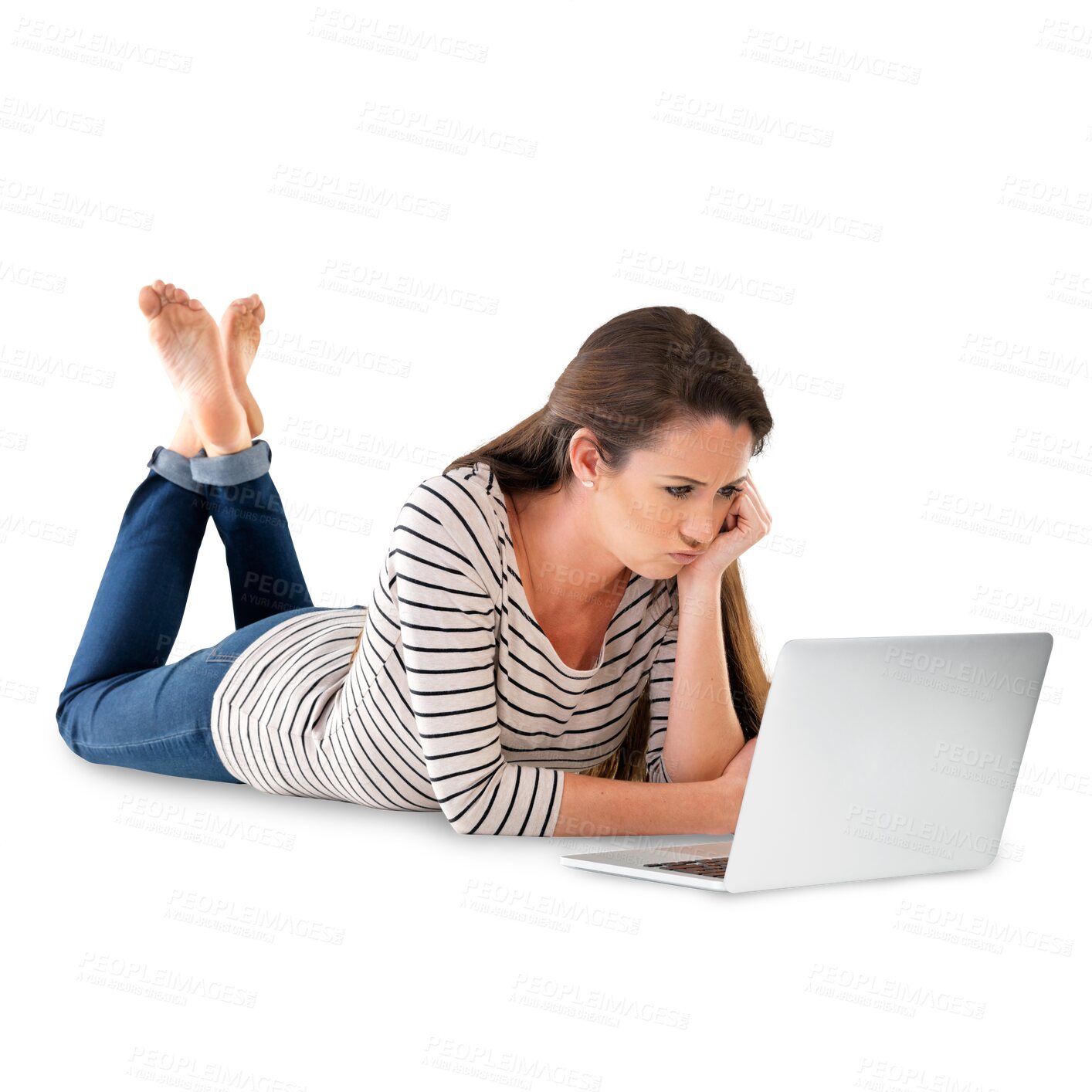 Buy stock photo Remote work, laptop or woman on a floor reading, email or research on isolated, transparent or png background. Pc, thinking or lady freelancer online for elearning, project or upskill training course