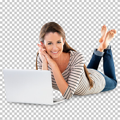 Buy stock photo Portrait, smile and woman on floor with laptop isolated on transparent png background. Face, computer and happy student on the ground to relax, communication and social media on technology in Canada