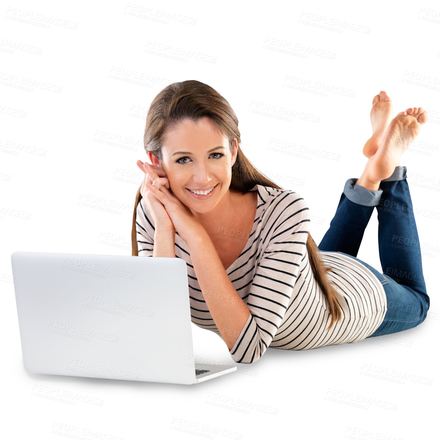 Buy stock photo Portrait, smile and woman on floor with laptop isolated on transparent png background. Face, computer and happy student on the ground to relax, communication and social media on technology in Canada