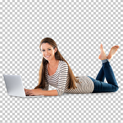 Buy stock photo Portrait, laptop and happy woman typing on the floor isolated on transparent png background. Face, computer and student on the ground to relax, communication and social media on technology in Canada