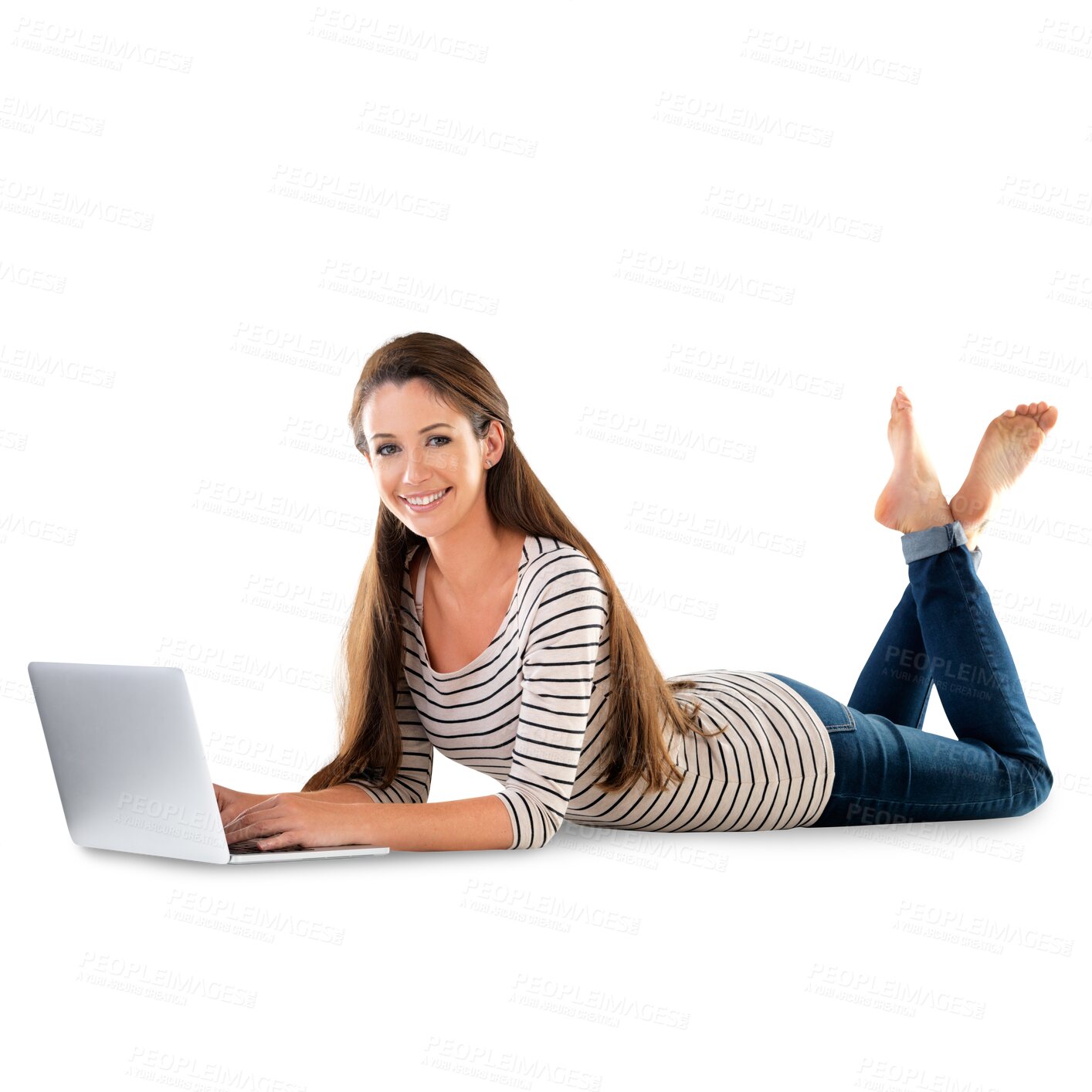 Buy stock photo Portrait, laptop and happy woman typing on the floor isolated on transparent png background. Face, computer and student on the ground to relax, communication and social media on technology in Canada