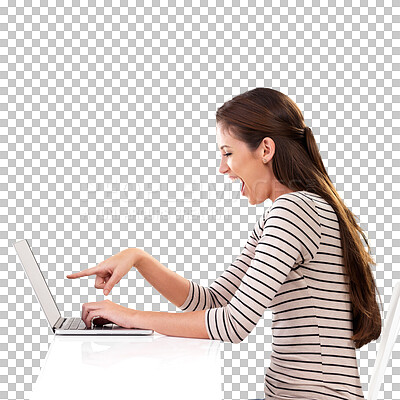 Buy stock photo Wow, laptop or woman with hand pointing to surprise news, offer or sign up discount on isolated, transparent or png background. Omg, announcement or lady student with unexpected email or notification