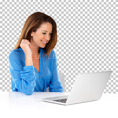 Buy stock photo Business woman, laptop and browsing on internet, website and tech or online for research. Female person, smile and networking or typing an email, info and isolated on transparent png background