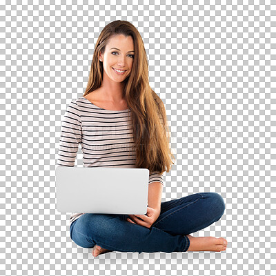 Buy stock photo Woman, laptop and internet for social media in portrait, website and tech or online for research. Female person, smile and networking or type an email, info and isolated on transparent png background