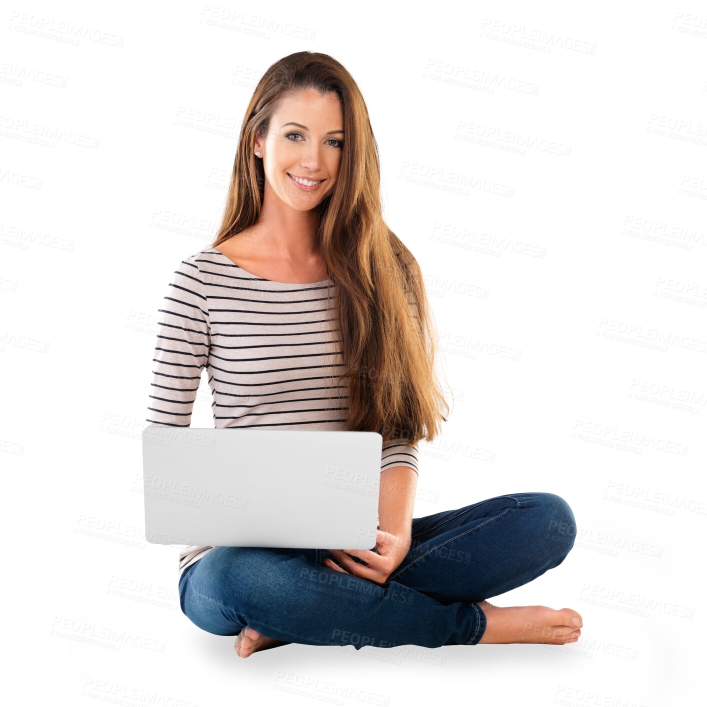 Buy stock photo Woman, laptop and internet for social media in portrait, website and tech or online for research. Female person, smile and networking or type an email, info and isolated on transparent png background