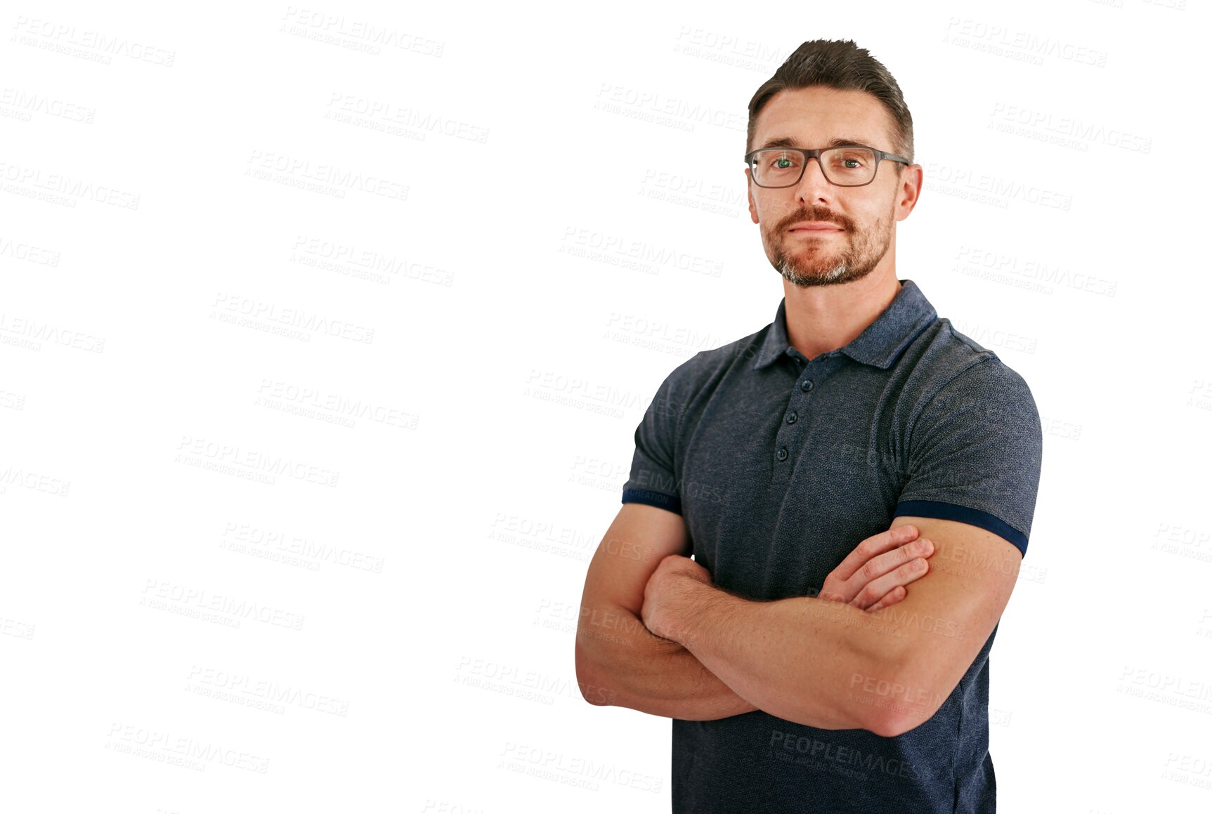 Buy stock photo Mature man, arms crossed and glasses in portrait, vision and confident with professional on png transparent background. Entrepreneur, pride and boss from Canada in eyewear, casual outfit and tshirt 