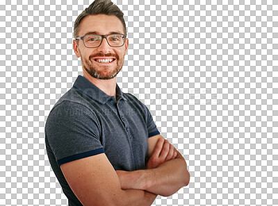 Buy stock photo Smile in portrait, arms crossed and mature man in glasses for vision, confident and professional on png transparent background. Entrepreneur, pride and boss in Canada with eyewear and casual outfit