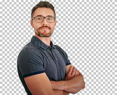 Buy stock photo Mature man, face with arms crossed and glasses, vision and confident with isolated on png transparent background. Entrepreneur, pride and boss with eyewear in portrait, casual outfit and tshirt 