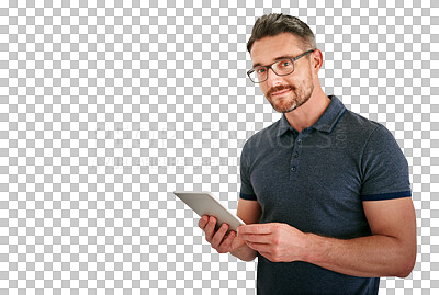Buy stock photo Portrait, tablet and design with man in glasses isolated on transparent background for creative business. Technology, app or social media with confident designer on PNG to search for information