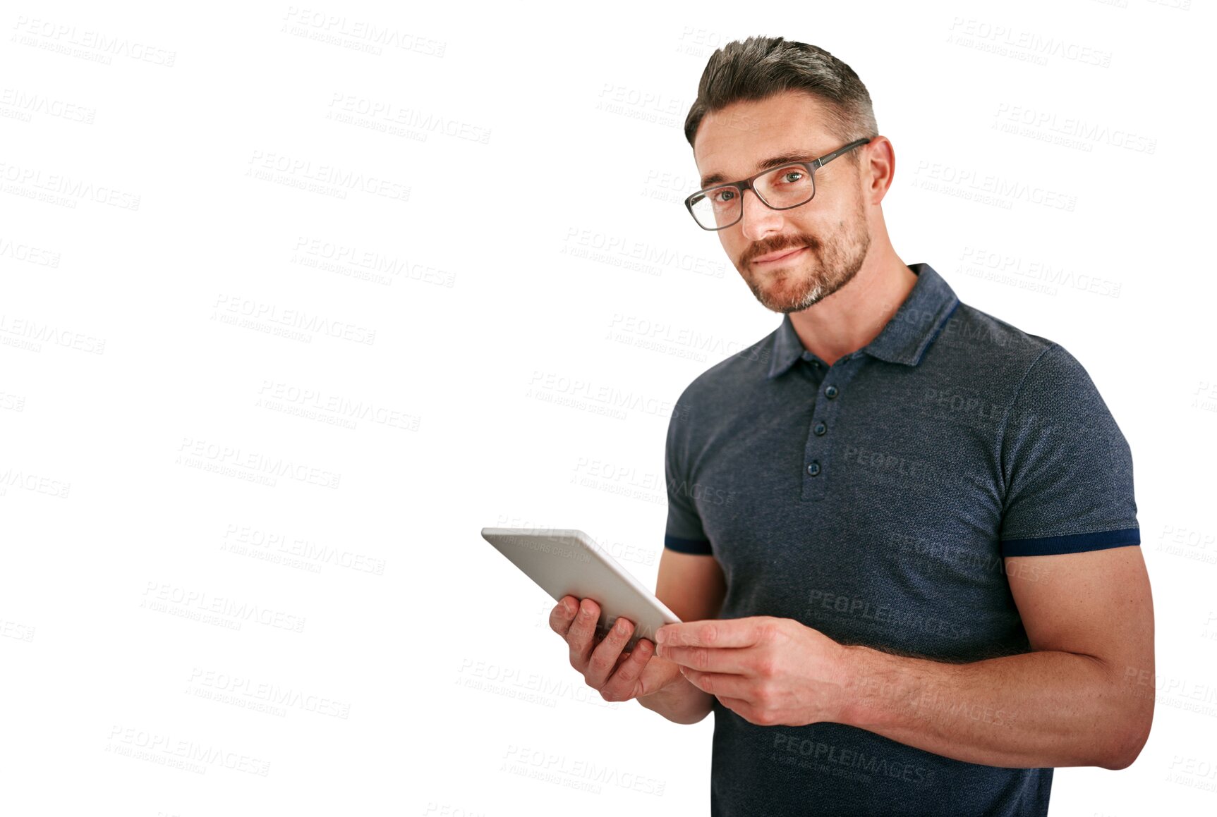 Buy stock photo Portrait, tablet and design with man in glasses isolated on transparent background for creative business. Technology, app or social media with confident designer on PNG to search for information