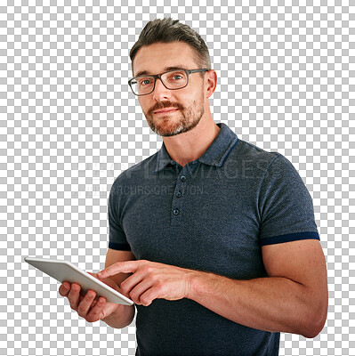 Buy stock photo Portrait, tablet and designer man in glasses isolated on transparent background for creative business. Technology, design or social media with confident person on PNG to search for information