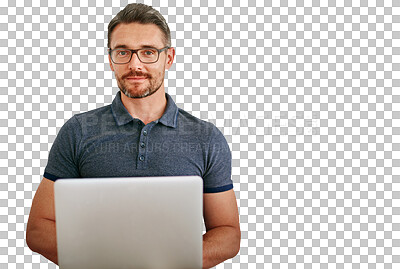 Buy stock photo Mature man, portrait and laptop for information technology, software update or coding on png transparent background. Problem solving, cybersecurity and management at startup for programming and web