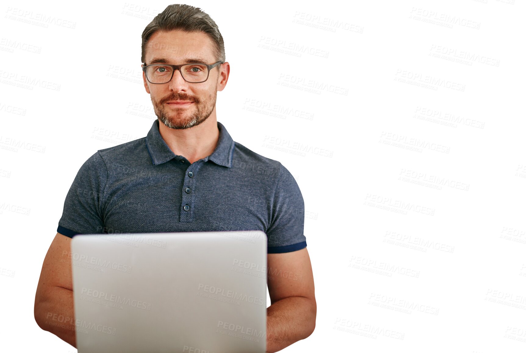Buy stock photo Mature man, portrait and laptop for information technology, software update or coding on png transparent background. Problem solving, cybersecurity and management at startup for programming and web