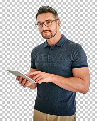 Buy stock photo Portrait, tablet and creative with man designer isolated on transparent background for creative business. Technology, design or social media with confident person on PNG to search for information