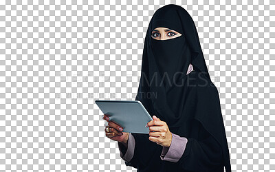 Buy stock photo Portrait, woman and hijab with tablet and eyes for research, elearning and social media browsing. Female student with head scarf, digital touchscreen and isolated on transparent png background
