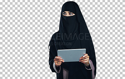 Buy stock photo Woman, muslim and burka with tablet or thinking for online technology or isolated, transparent or png background.  Female person, islamic and connectivity for internet research, culture or startup