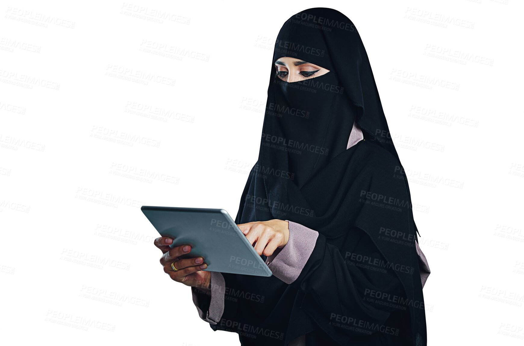 Buy stock photo Muslim, woman and tablet online with social media or streaming movie on transparent or png background. Niqab, girl and scroll on website with tech or reading blog, article or isolated person in burka