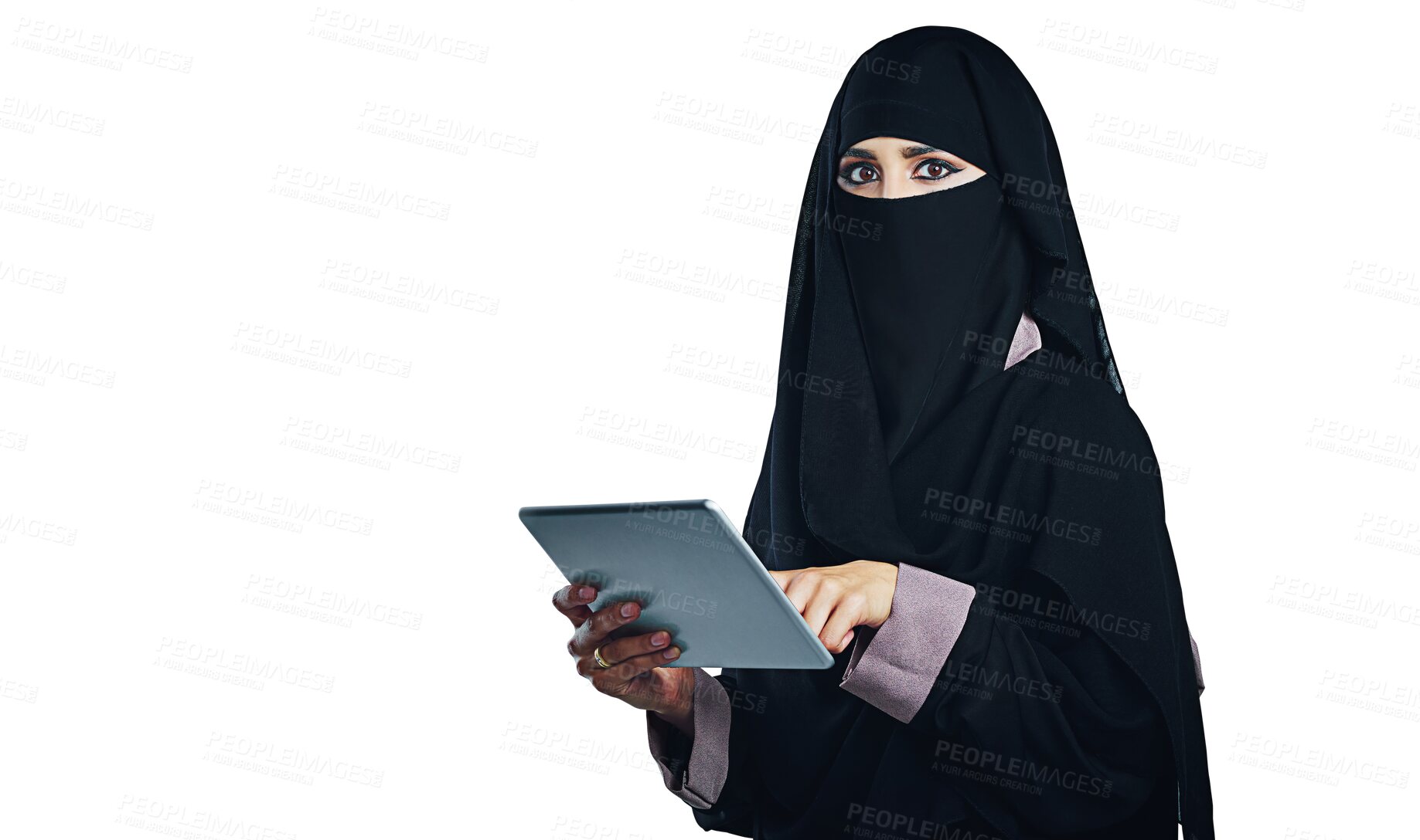 Buy stock photo Portrait, woman and hijab typing on tablet for business, entrepreneurship or market research. Businesswoman, head scarf and digital touchscreen for search and isolated on transparent png background