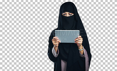 Buy stock photo Woman, muslim and burka with tablet for internet communication for isolated, transparent or png background. Female person, islamic and connectivity in Dubai for web, subscription or online shopping