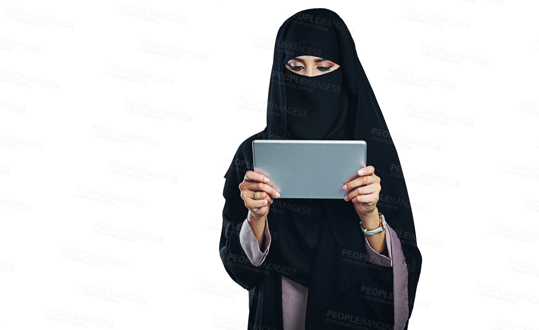 Buy stock photo Woman, muslim and burka with tablet for internet communication for isolated, transparent or png background. Female person, islamic and connectivity in Dubai for web, subscription or online shopping
