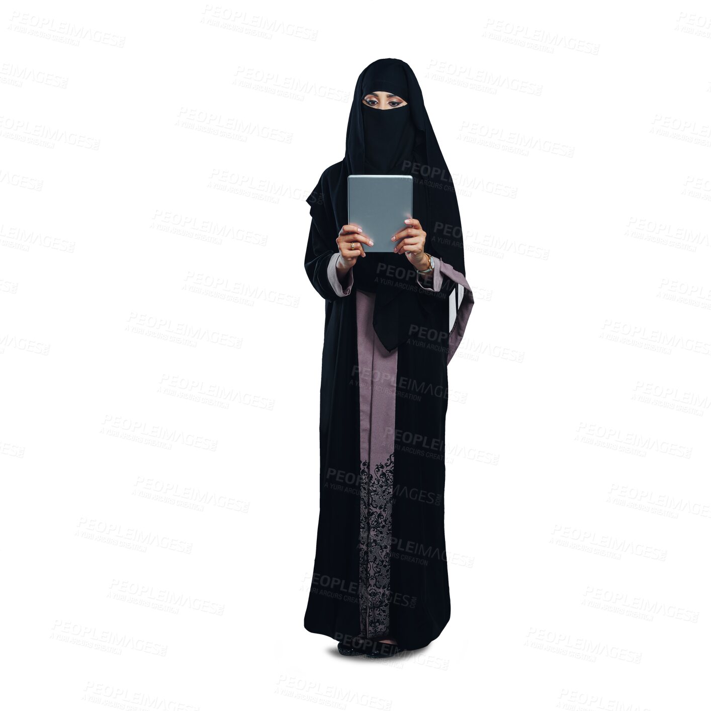 Buy stock photo Muslim, woman and tablet with niqab, technology for digital streaming or ebook on png transparent background. Internet, social media and reading Islamic blog or website for Ramadan ideas in Qatar