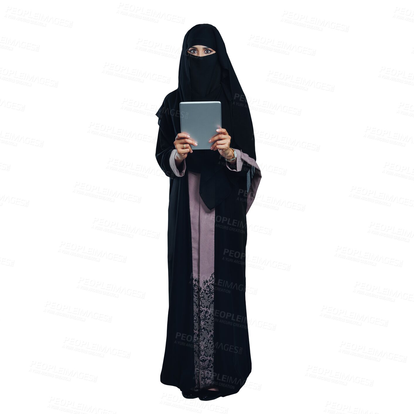 Buy stock photo Woman, muslim and portrait with tablet or connection for internet technology, niqab or networking. Female person, burka and isolated transparent png background or social media, post or communication
