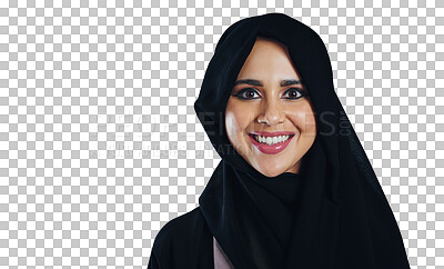 Buy stock photo Portrait, beauty and smile with Islamic woman isolated on transparent background for religion. Face, skincare and aesthetic with happy young muslim person in hijab for faith or tradition on PNG