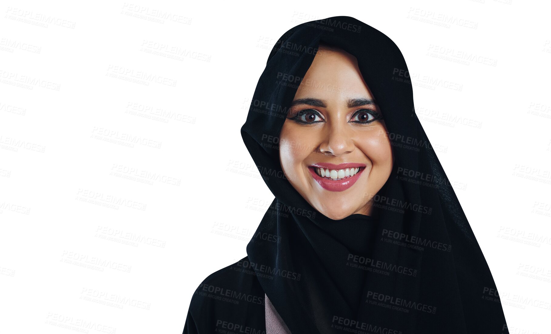 Buy stock photo Portrait, beauty and smile with Islamic woman isolated on transparent background for religion. Face, skincare and aesthetic with happy young muslim person in hijab for faith or tradition on PNG