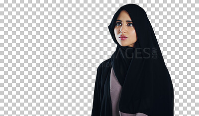 Buy stock photo Woman, hijab and thinking with vision, planning and ideas for empowerment in business or startup. Entrepreneur, headscarf and confidence in work or career isolated on a transparent, png background