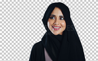 Buy stock photo Face, skincare and thinking with Islamic woman isolated on transparent background for faith or religion. Smile, beauty and idea with happy young muslim person in hijab for culture or tradition on PNG