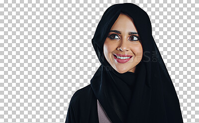 Buy stock photo Face, beauty and idea with Islamic woman isolated on transparent background for faith or religion. Smile, thinking and planning with happy young muslim person in hijab for culture or tradition on PNG