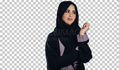 Buy stock photo Hijab, thinking or Islamic woman with ideas, planning or decision isolated on a transparent background. Png, Muslim person or model with solution or problem solving with traditional clothes or wonder