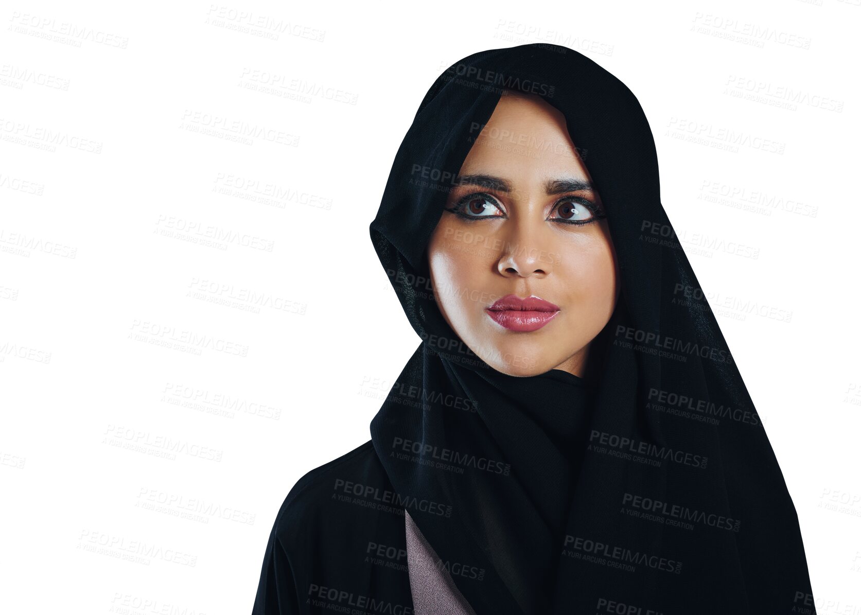 Buy stock photo Hijab, thinking or Islamic woman with ideas, decision and problem solving isolated on a transparent background. Png, Muslim person or model with solution or choice with traditional clothes or wonder