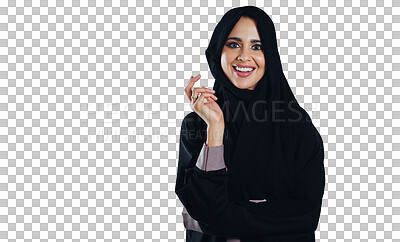 Buy stock photo Happy woman, portrait and muslim in Hijab for fashion, scarf or religion on a transparent PNG background. Face of islamic female person, Saudi or Arabian model with smile in stylish outfit or clothes