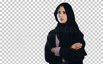 Buy stock photo Woman, confident and religious with arms crossed in hijab, islamic and proud mindset. Muslim, fashion and headscarf with pride, beauty on isolated, transparent and png background for vision ideas